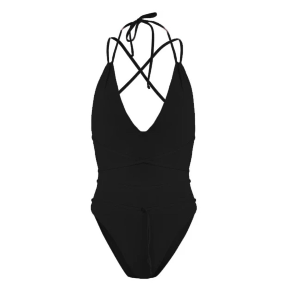 New LeSwim black one piece wrap swimsuit with adjustable ties, size large